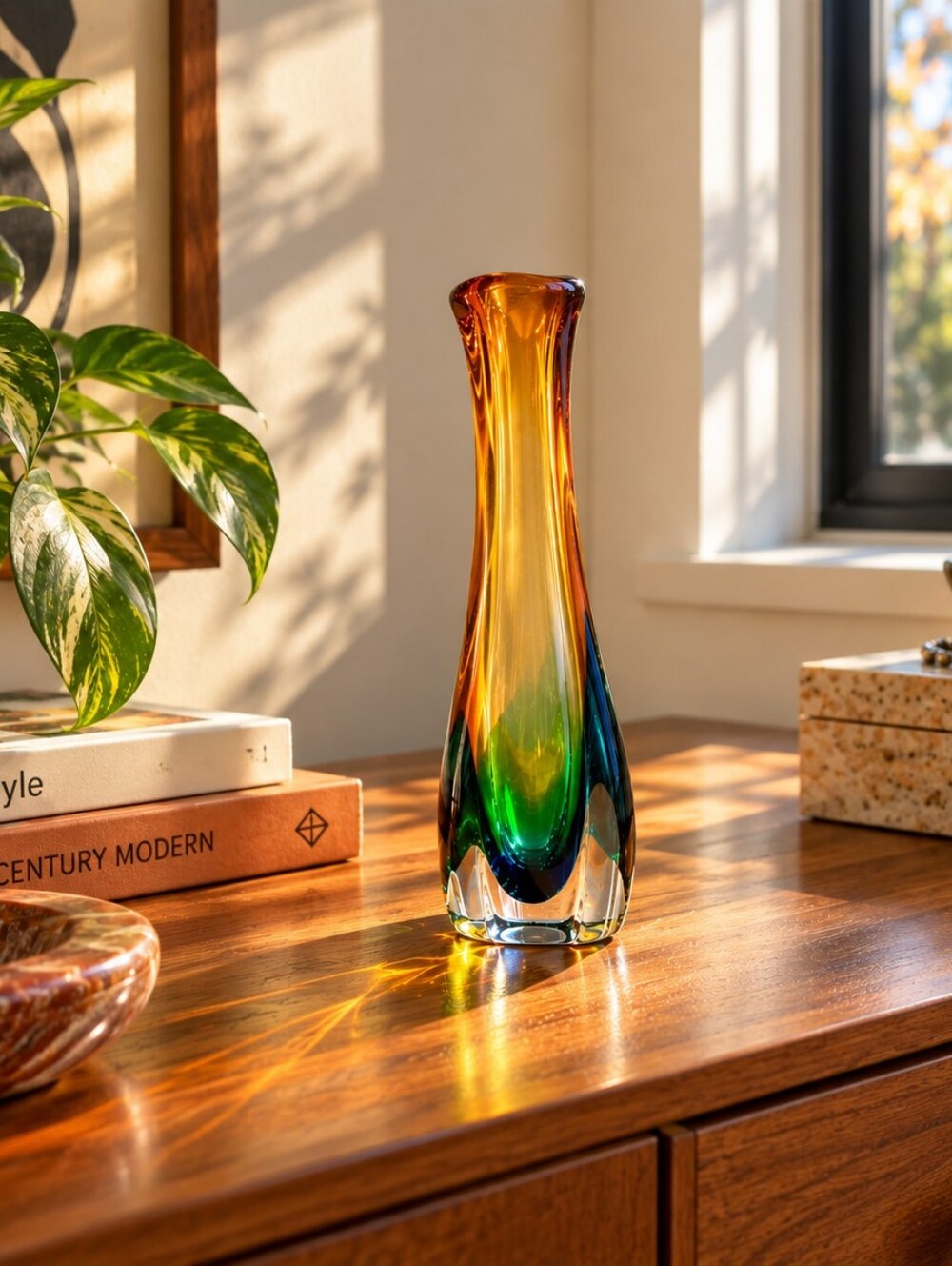 Vintage Amber Green Cased Art Glass Vase 12" Mid Century Modern